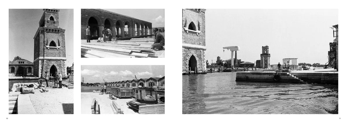 Three small photographs of a brick tower and boat sheds, facing a full page across the water