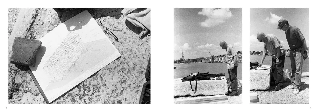 A pencil drawing held down by a brick on the stone quay, facing two photographs of the crew measuring the site