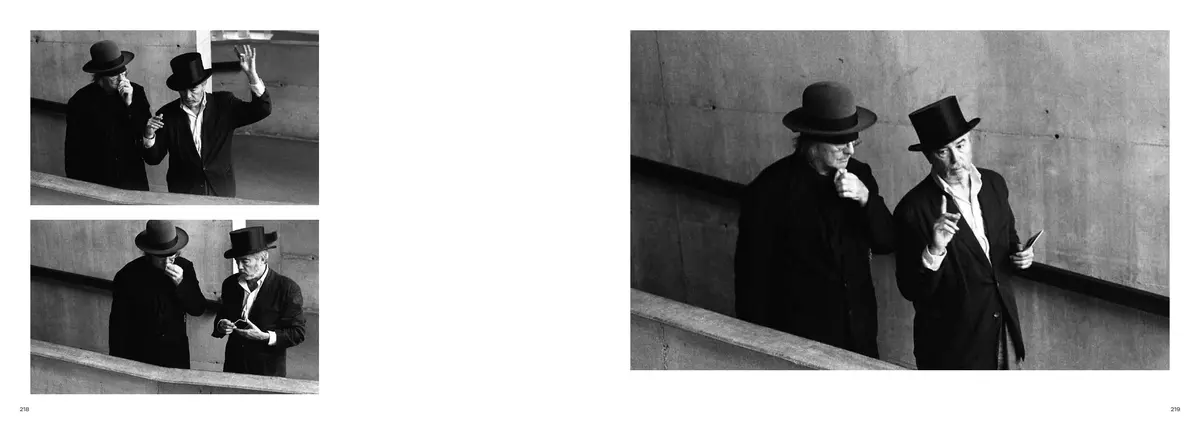 Byars and a companion in tall hats on a concrete ramp: two small photographs facing one large