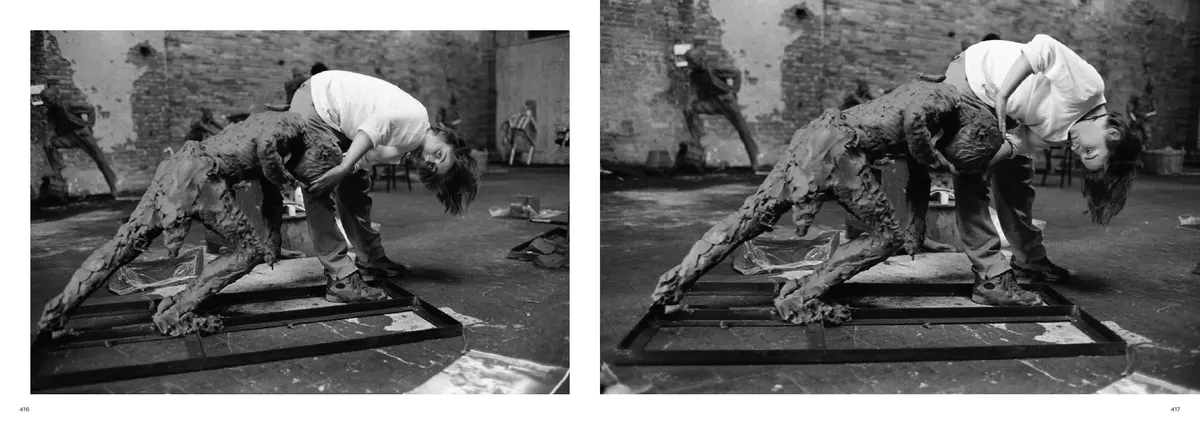 A sculptor bent over a clay figure crawling on its frame, on both pages, a moment apart
