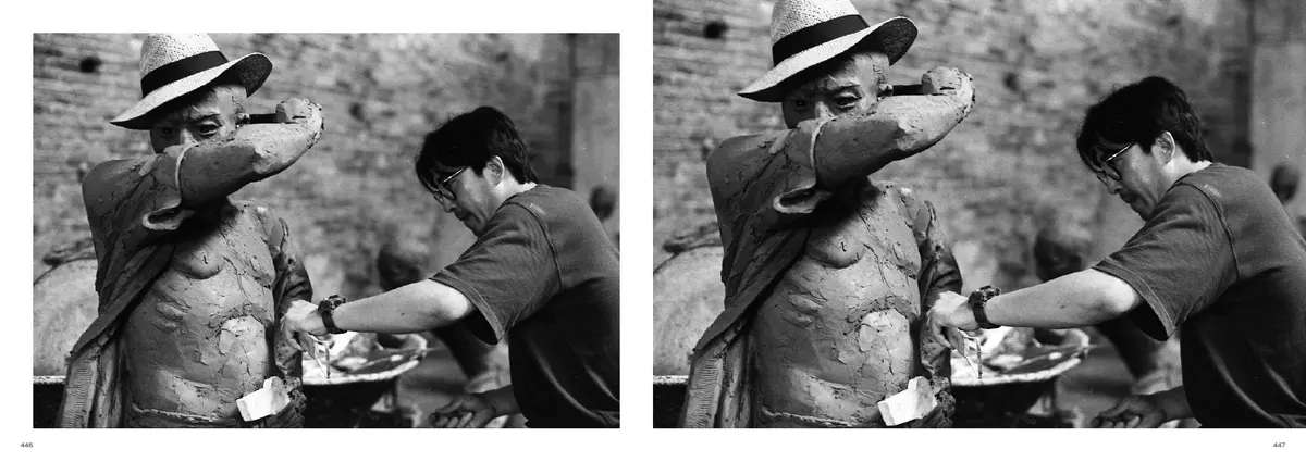 A clay figure in a straw hat wiping his brow while a sculptor works beside it, on both pages