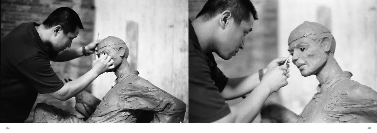A sculptor shaping a clay face, close up, across both pages