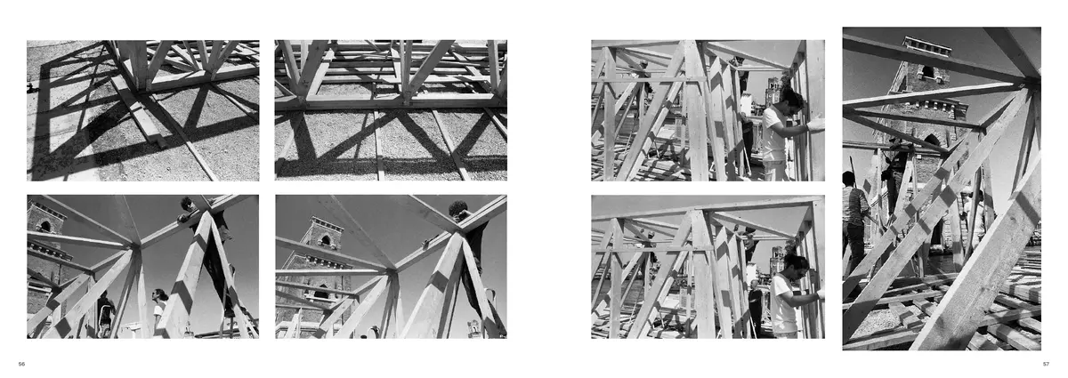 Eight photographs of the timber frame going up, in grids across both pages