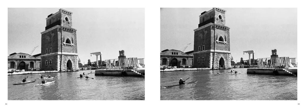 The same view on both pages, a moment apart: the brick tower, the frame on the quay, kayaks on the water