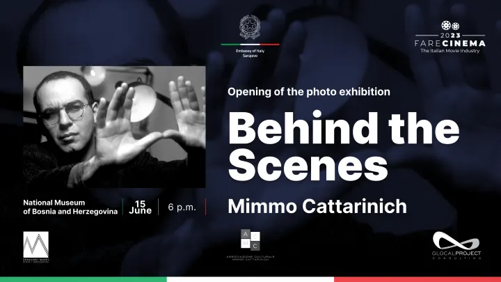 Exhibition visual: a black-and-white portrait of Mimmo Cattarinich beside Behind the Scenes, opening 15 June at the National Museum of Bosnia and Herzegovina