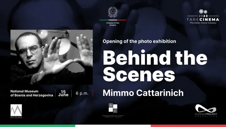 Exhibition visual: a black-and-white portrait of Mimmo Cattarinich beside Behind the Scenes, opening 15 June at the National Museum of Bosnia and Herzegovina