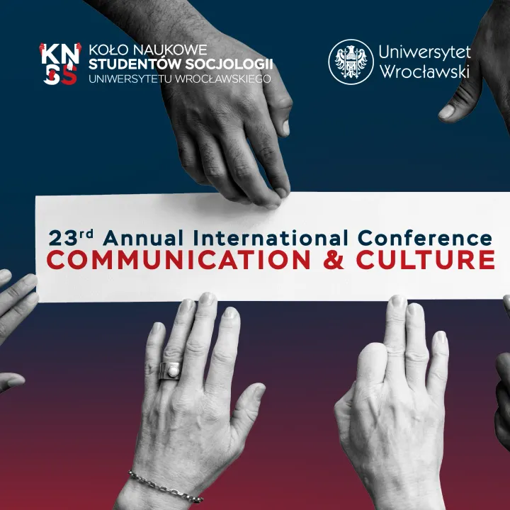 Hands reaching for a white card on navy and red: 23rd Annual International Conference, Communication & Culture