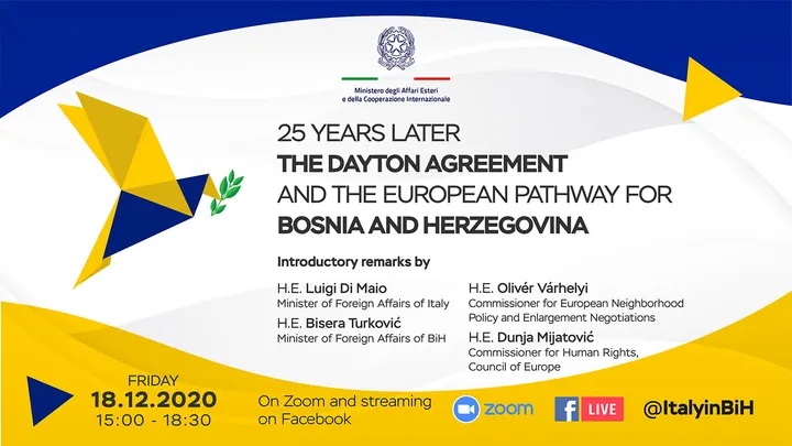 Conference visual: yellow and blue paper birds beside the title and speakers, 18 December 2020, on Zoom and Facebook