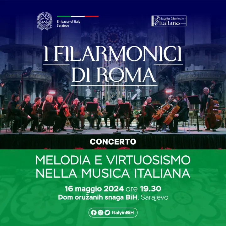 Concert poster: I FILARMONICI DI ROMA over the orchestra on stage, Melodia e virtuosismo nella musica italiana, 16 May 2024, Sarajevo