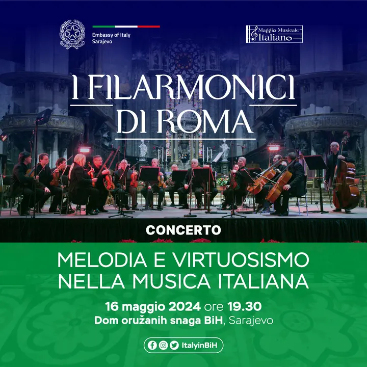 Concert poster: I FILARMONICI DI ROMA over the orchestra on stage, Melodia e virtuosismo nella musica italiana, 16 May 2024, Sarajevo