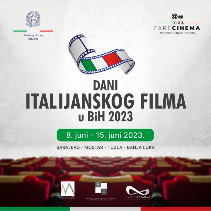 Festival poster: a film strip in the Italian colours above DANI ITALIJANSKOG FILMA u BiH 2023, red cinema seats below, 8–15 June 2023, Sarajevo, Mostar, Tuzla, Banja Luka
