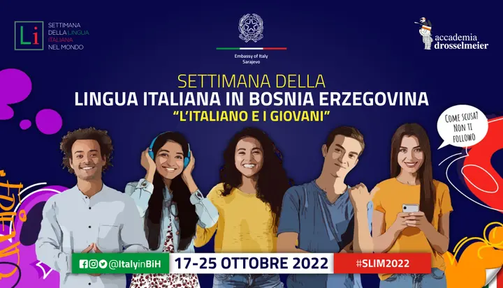 Young people with phones and headphones on bright purple: Settimana della lingua italiana in Bosnia Erzegovina, L'italiano e i giovani, 17–25 October 2022