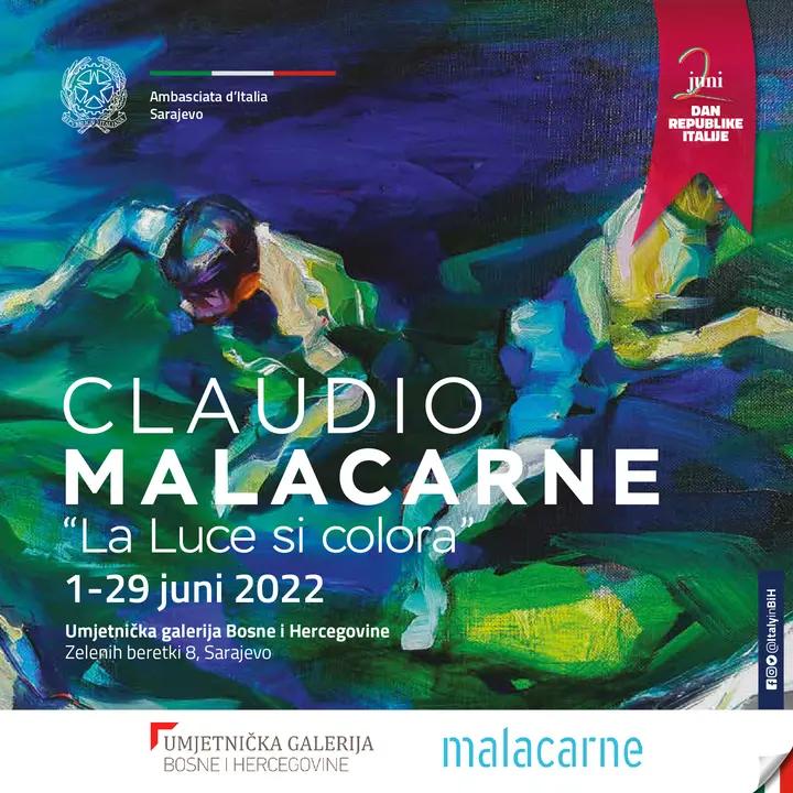 Exhibition poster in deep blues and greens: CLAUDIO MALACARNE, La luce si colora, 1–29 June 2022, Art Gallery of Bosnia and Herzegovina