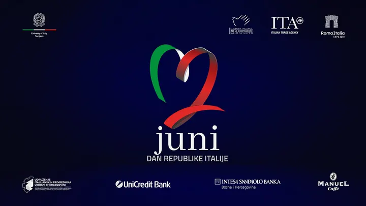 A 2 drawn as a ribbon in green, white and red on navy: 2 juni, Dan Republike Italije