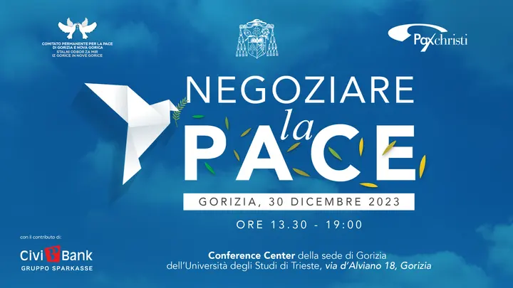 A white origami dove on blue: NEGOZIARE LA PACE, Gorizia, 30 December 2023
