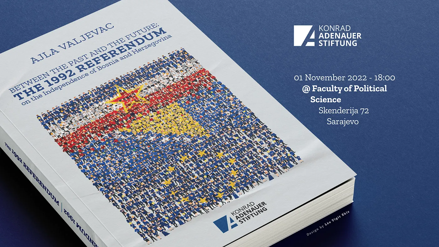 The book Between the Past and the Future: The 1992 Referendum by Ajla Valjevac on dark blue, its cover a crowd of small figures forming flags
