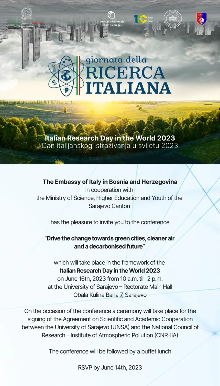Invitation: Giornata della Ricerca Italiana above a green landscape, the conference programme below