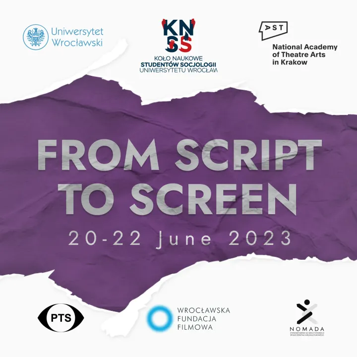 Poster: FROM SCRIPT TO SCREEN on torn purple paper, 20–22 June 2023, with the partners' logos
