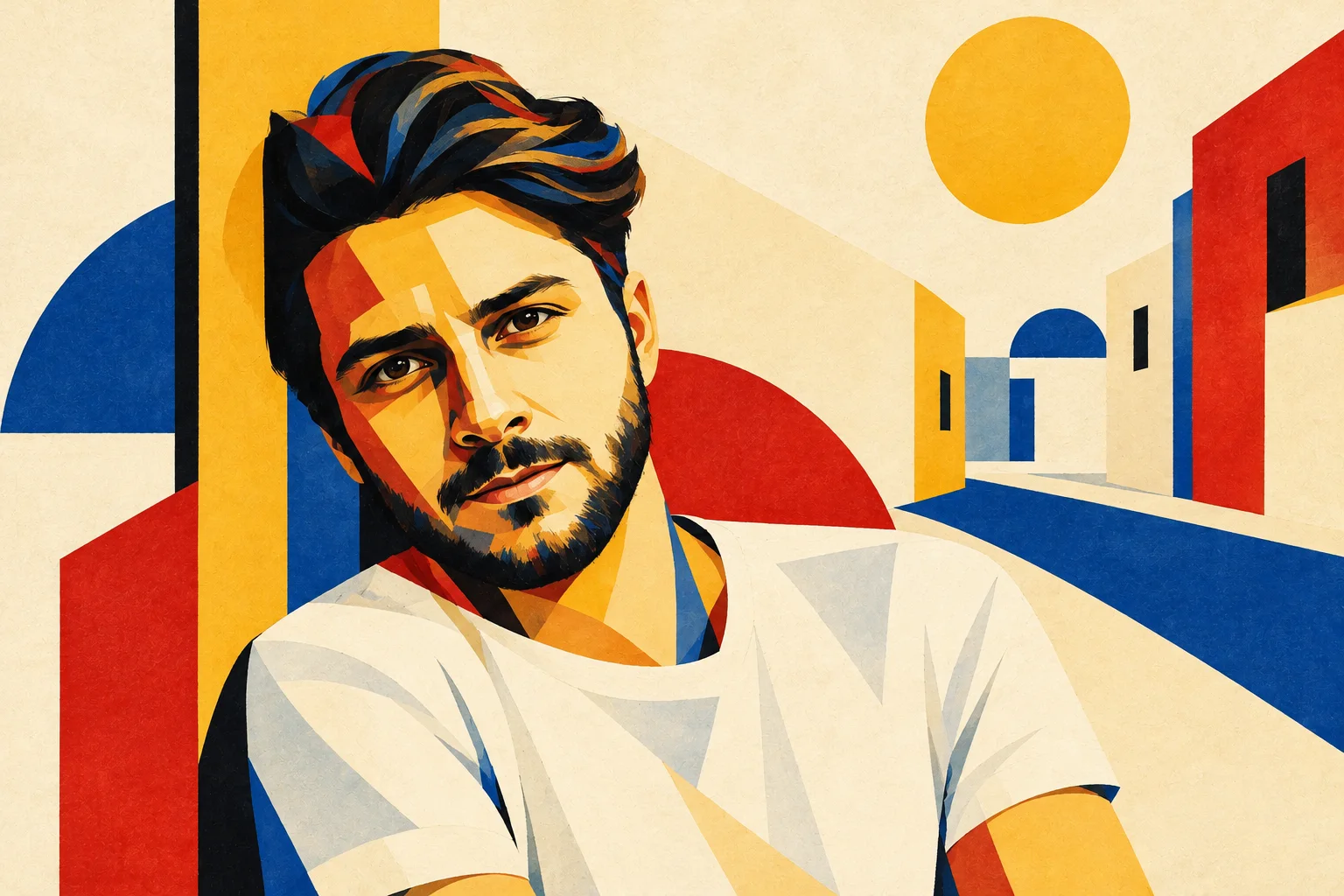 Portrait of Léo painted in the style of Kandinsky: leaning against a wall, white T-shirt, a street of circles, triangles and lines behind him