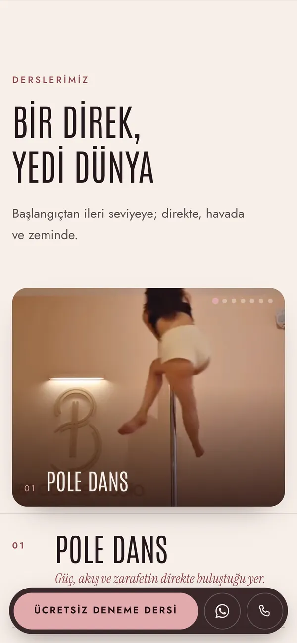 The classes on a phone: BİR DİREK, YEDİ DÜNYA above a photograph of Pole Dans