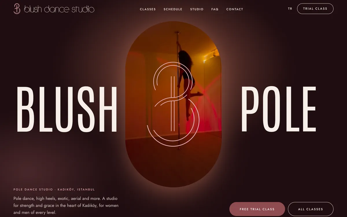 The English homepage: BLUSH and POLE either side of the monogram, with Free trial class and All classes buttons