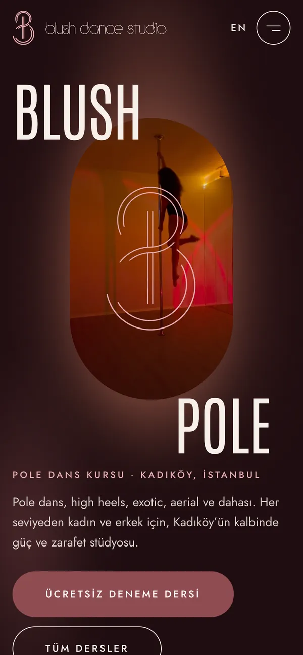 The homepage on a phone: BLUSH and POLE over a dancer, with the free trial class button