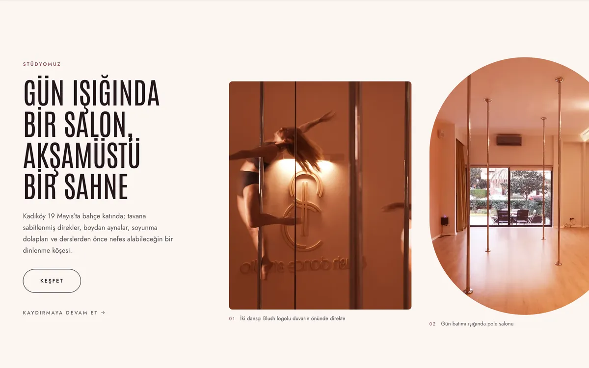 GÜN IŞIĞINDA BİR SALON, AKŞAMÜSTÜ BİR SAHNE beside photographs of the studio, one cut into an arch