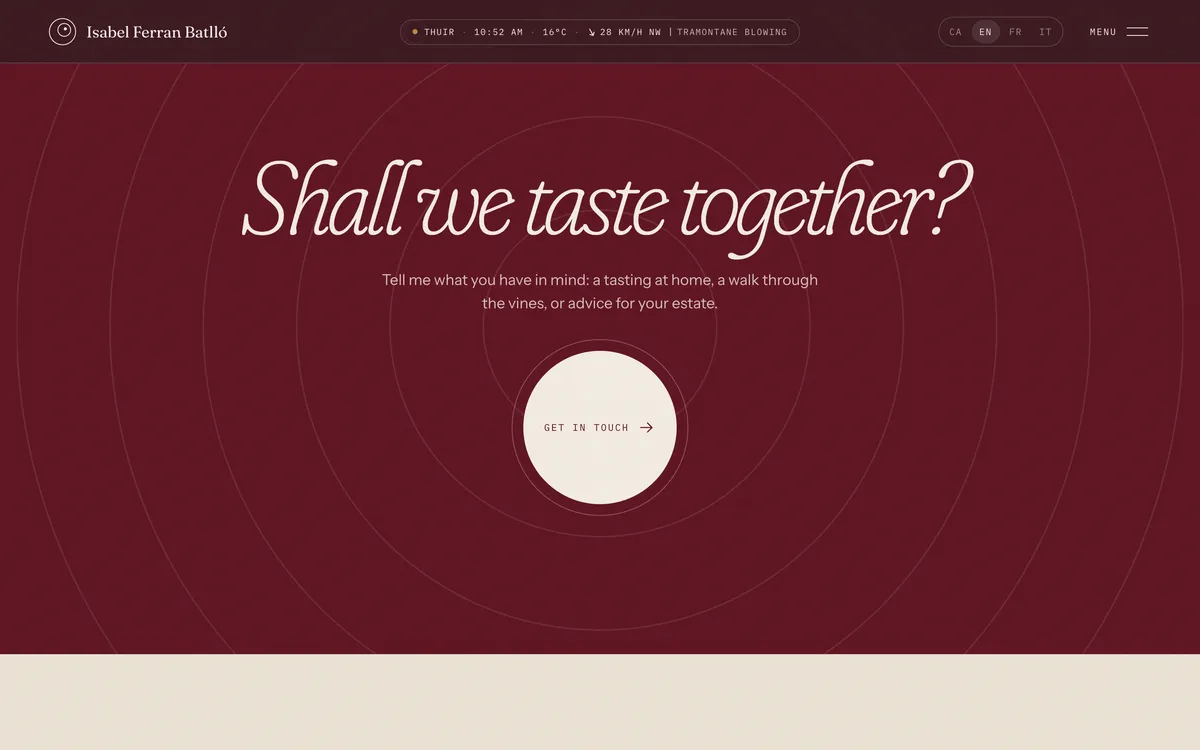 Shall we taste together? in white italics on wine red, with a round Get in touch button
