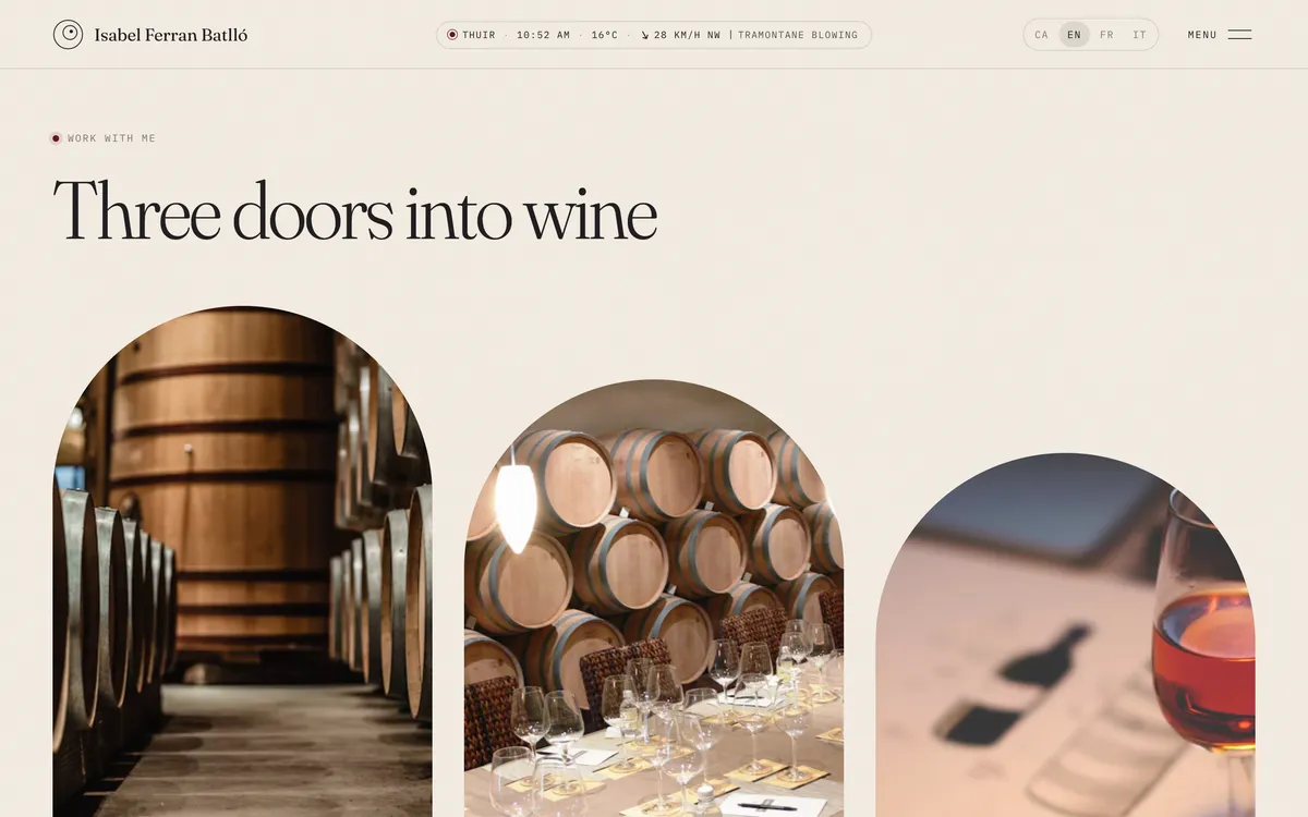 Three doors into wine: photographs of barrels and a glass, cut into arches