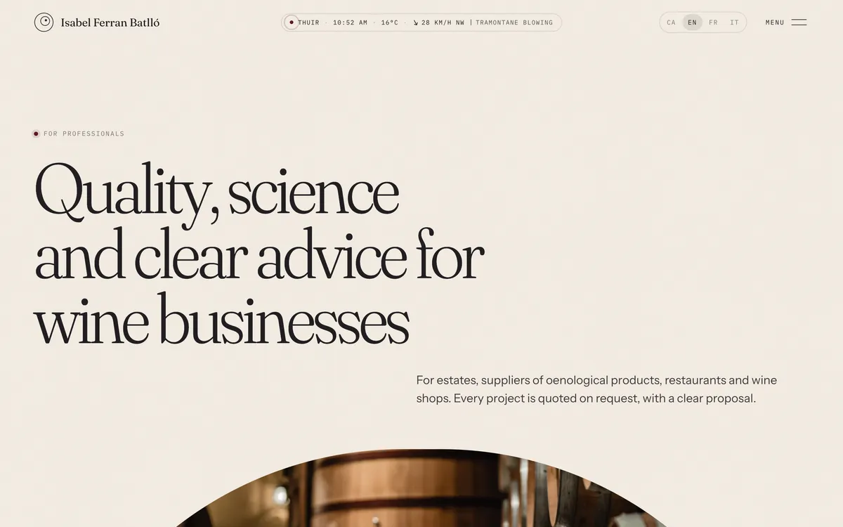 Quality, science and clear advice for wine businesses, above a photograph of barrels in an arch
