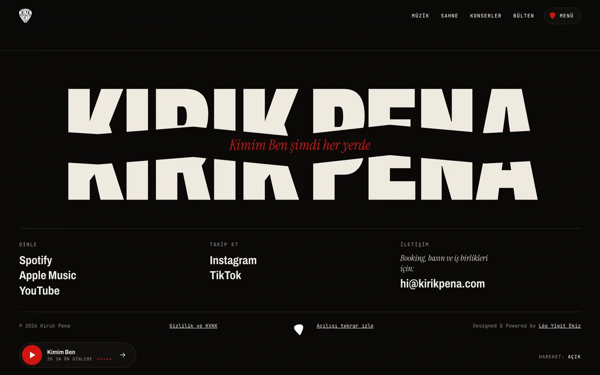 The footer: KIRIK PENA cracked across the page, with links to Spotify, Instagram and email