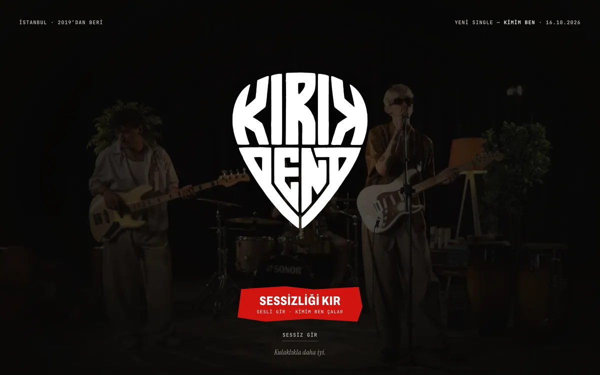 The opening: the white Kırık Pena pick over a dark live video of the band, with SESSİZLİĞİ KIR below