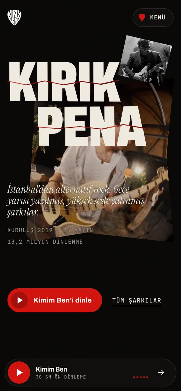 The homepage on a phone: KIRIK PENA over a photograph of the band