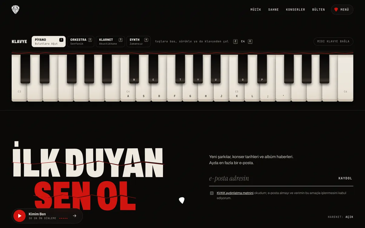 A cream-coloured keyboard with piano, orchestra, clarinet and synth tabs above “İlk duyan sen ol”