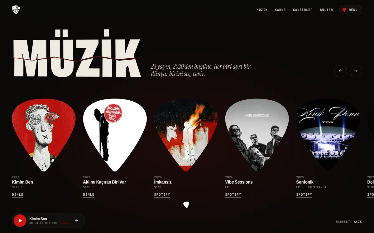 MÜZİK above a row of guitar picks, each one a release cover